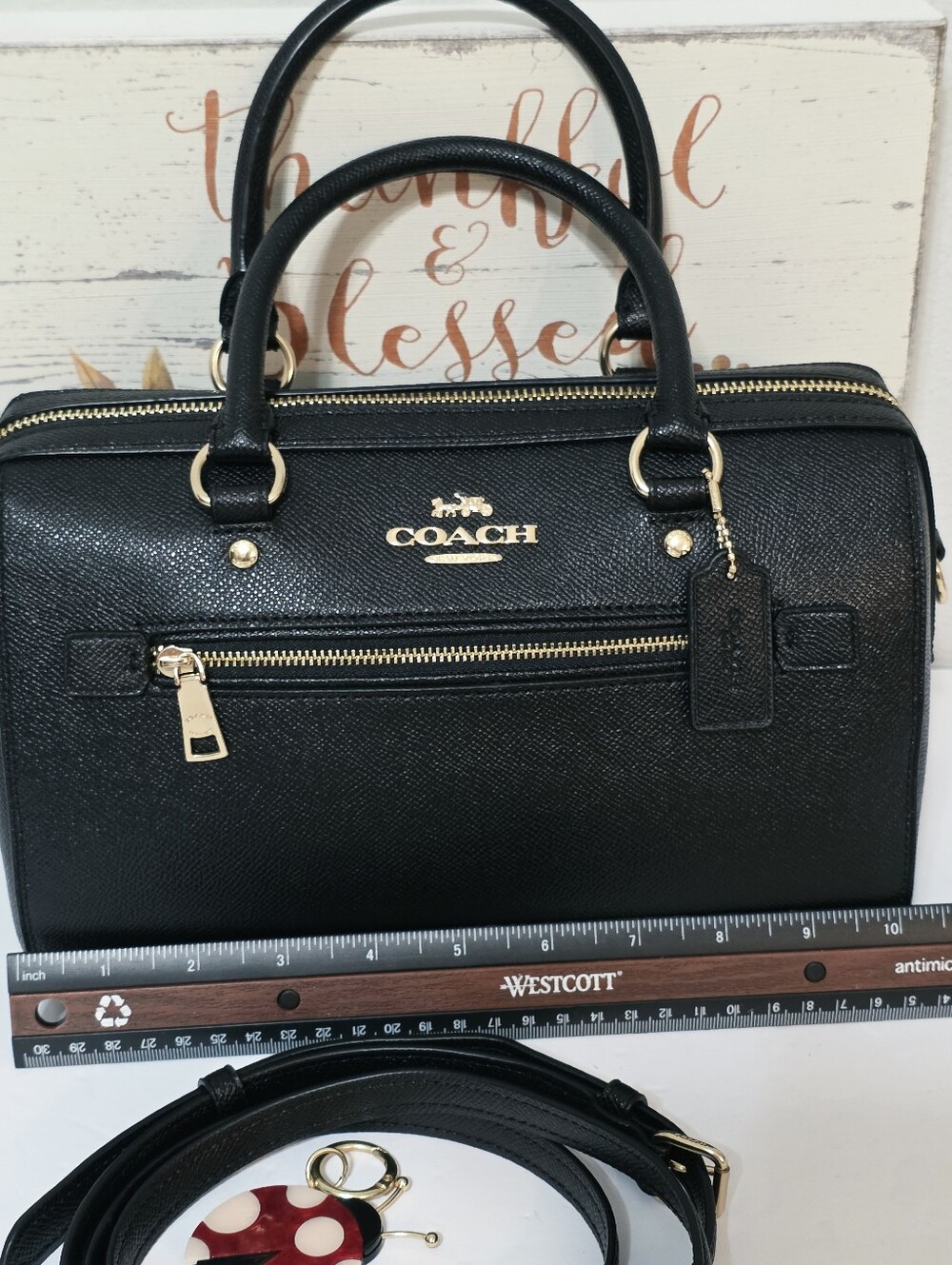 Coach Rowan BLACK Gold Medium Crossbody Bag Crossgrain Leather Shoulder Purse π - Picture 13 of 15